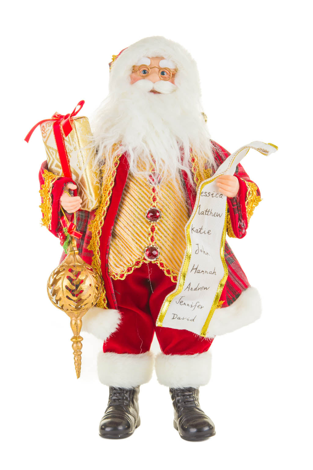 18" Red and Gold Cloth Fancy Santa Figurine with Nice List