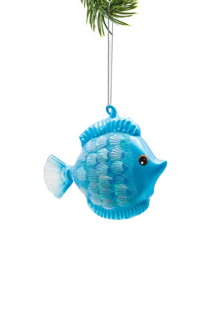 4.5" Hanging Blue Glass Friendly Fish Ornament with Iridescent Scales