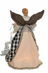 14" Cream Rattan Rustic 10-Light Angel Tree Topper with Black Gingnam Skirt