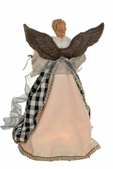 14" Cream Rattan Rustic 10-Light Angel Tree Topper with Black Gingnam Skirt