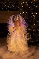 14" Ivory Cloth Modern Fiber Optic Angel Tree Topper with Blonde Curly Hair