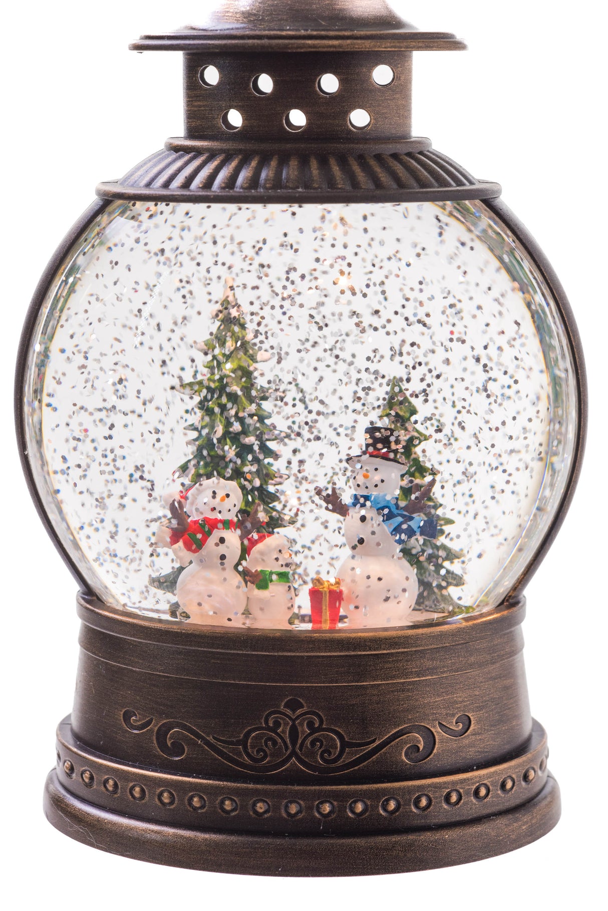 8" Oval Brown Plastic Lantern LED Snow Globe with Snowman-Scape