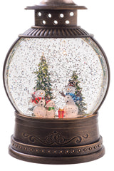 8" Oval Brown Plastic Lantern LED Snow Globe with Snowman-Scape