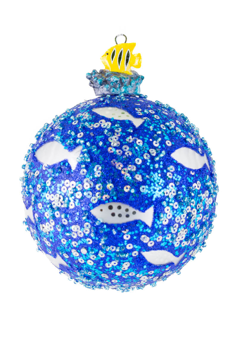 5"Sequin Ultramarine Glass Butterfly Fish Bulb Ornament