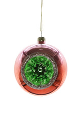 4" Hanging Red and Gold Glass Ball Ornament with Green and Silver Reflector