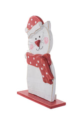 19.75" White and Red Wooden Kitty Standee Dressed For Winter