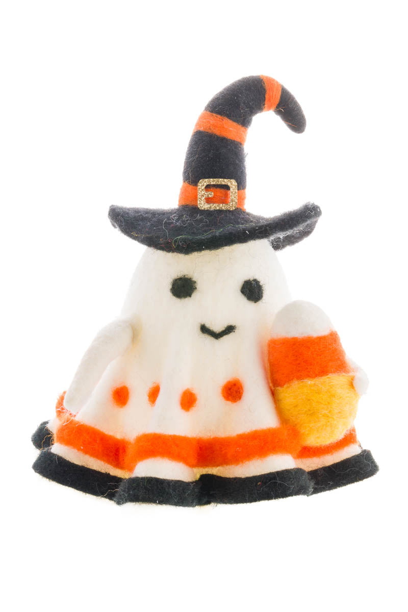 6" White Wool Candycorn Ghost Accent