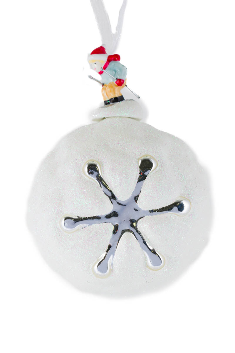 5"White Glass Snowball Bulb Ornament with Skiing Top