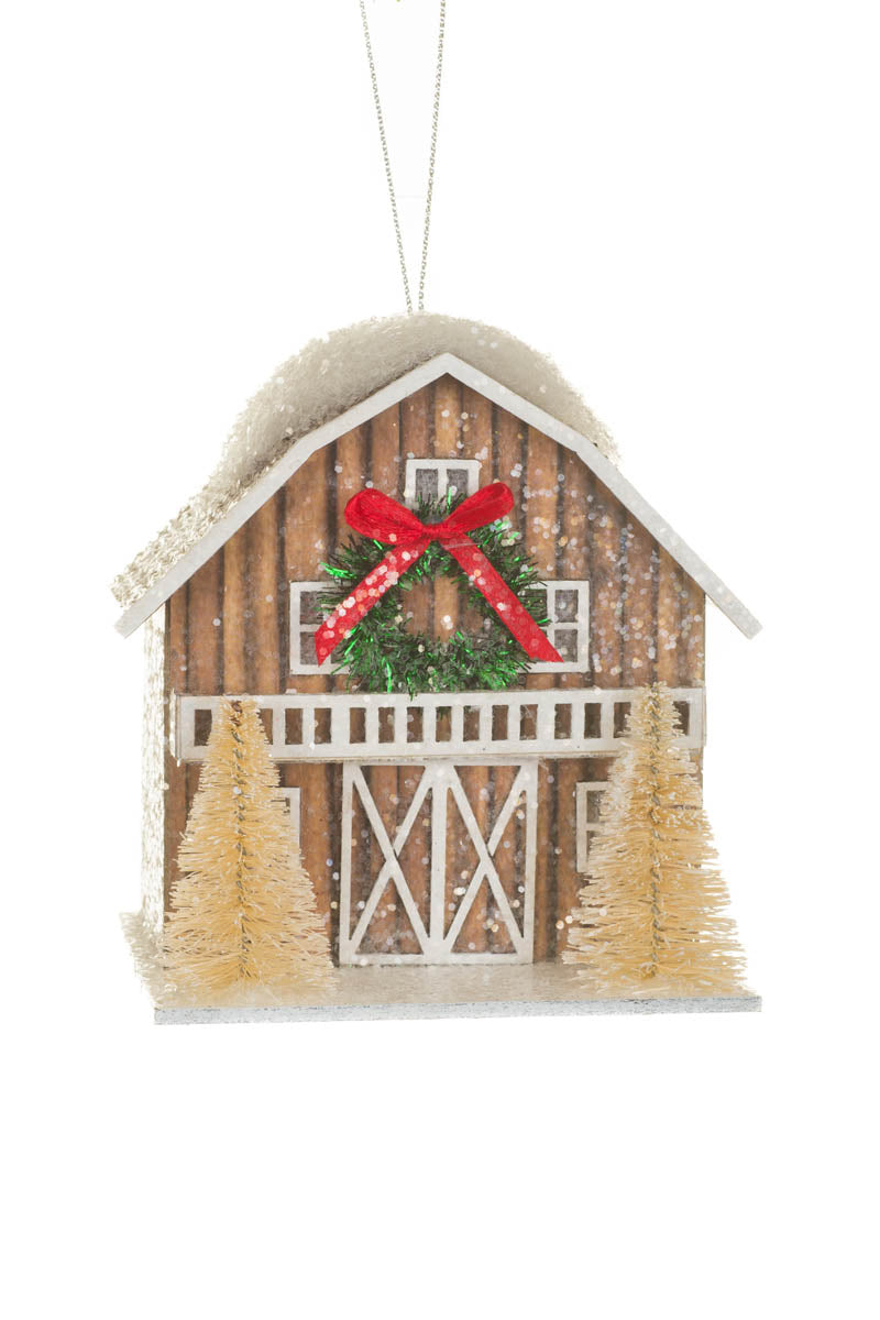 4" Sparkly Brown and White Card Prairie Barn Warm White LED Ornament