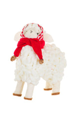 5" White and Red Cotton Sheep Figurine with Winter Scarf