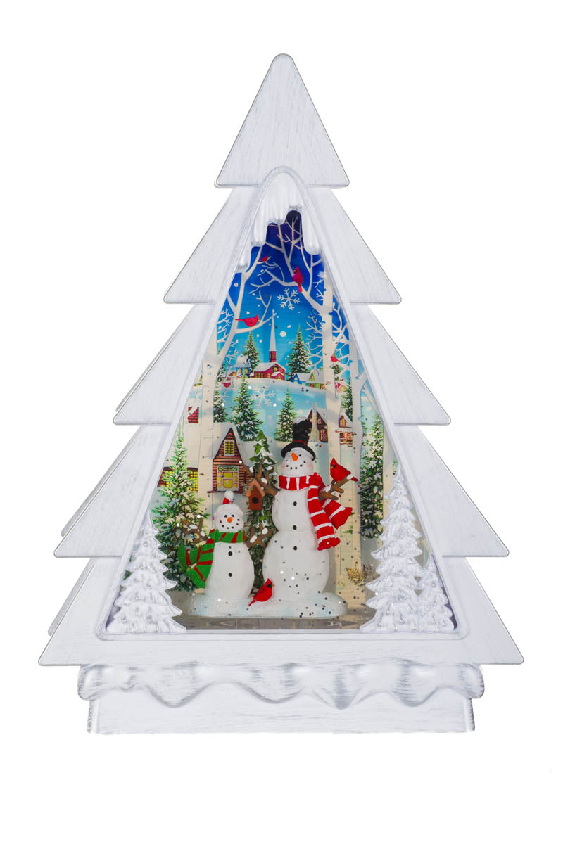 11.25" Musical White Plastic Christmas Tree Warm White LED Snow Globe with Snowman's Forest