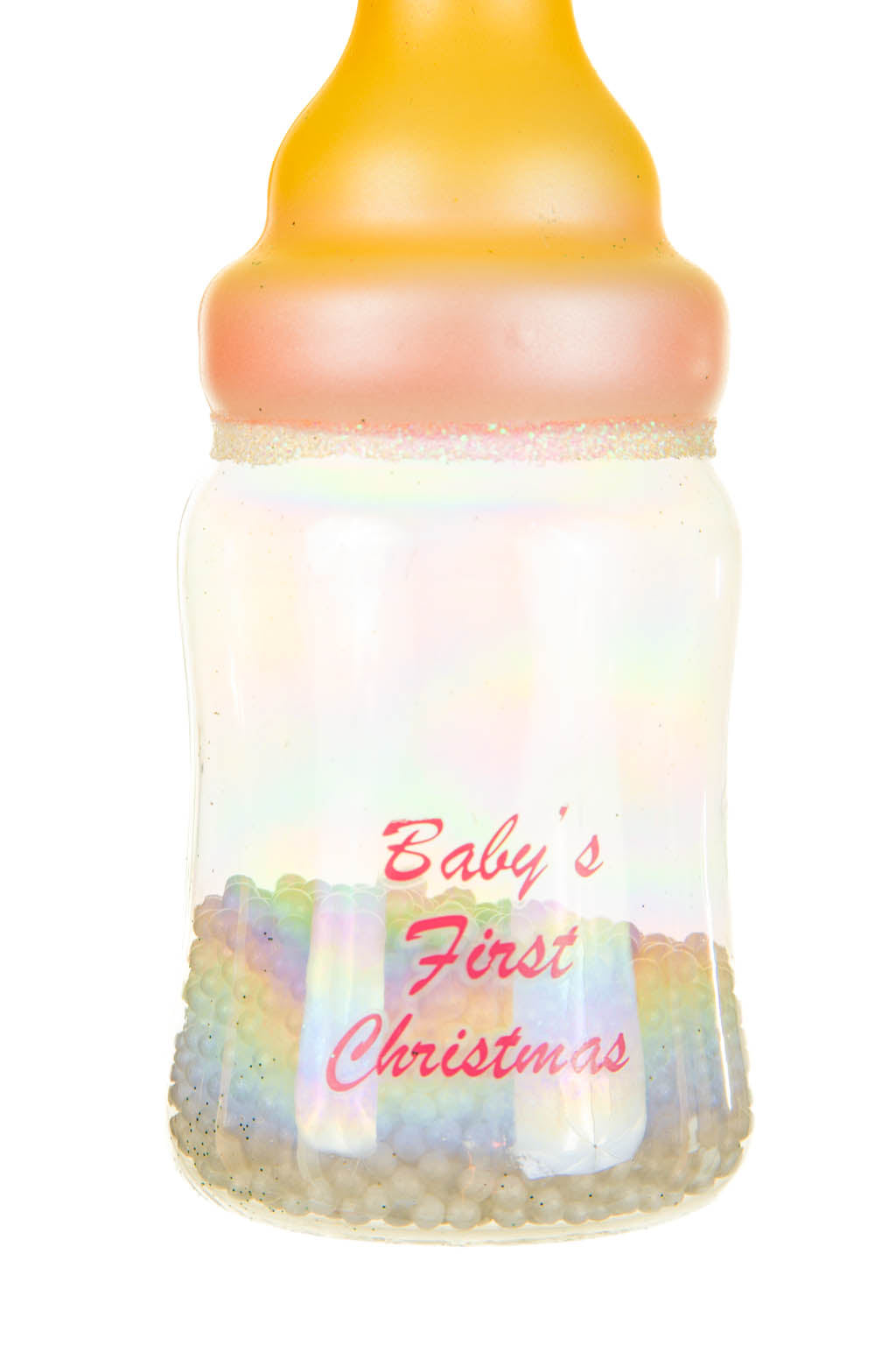 4.75" Hanging Pink Glass Baby Bottle Ornament with "Baby's First Christmas "