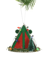 3.5" Hanging Buffalo Plaid Red and Green Wooden Rustic Tent LED Ornament