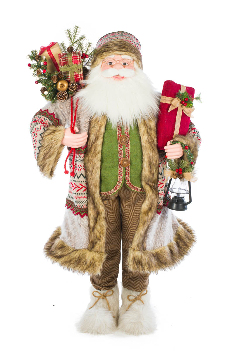 48" Gray and Green Fabric Nordic Santa Claus Figurine with Lantern and Gifts To Spare
