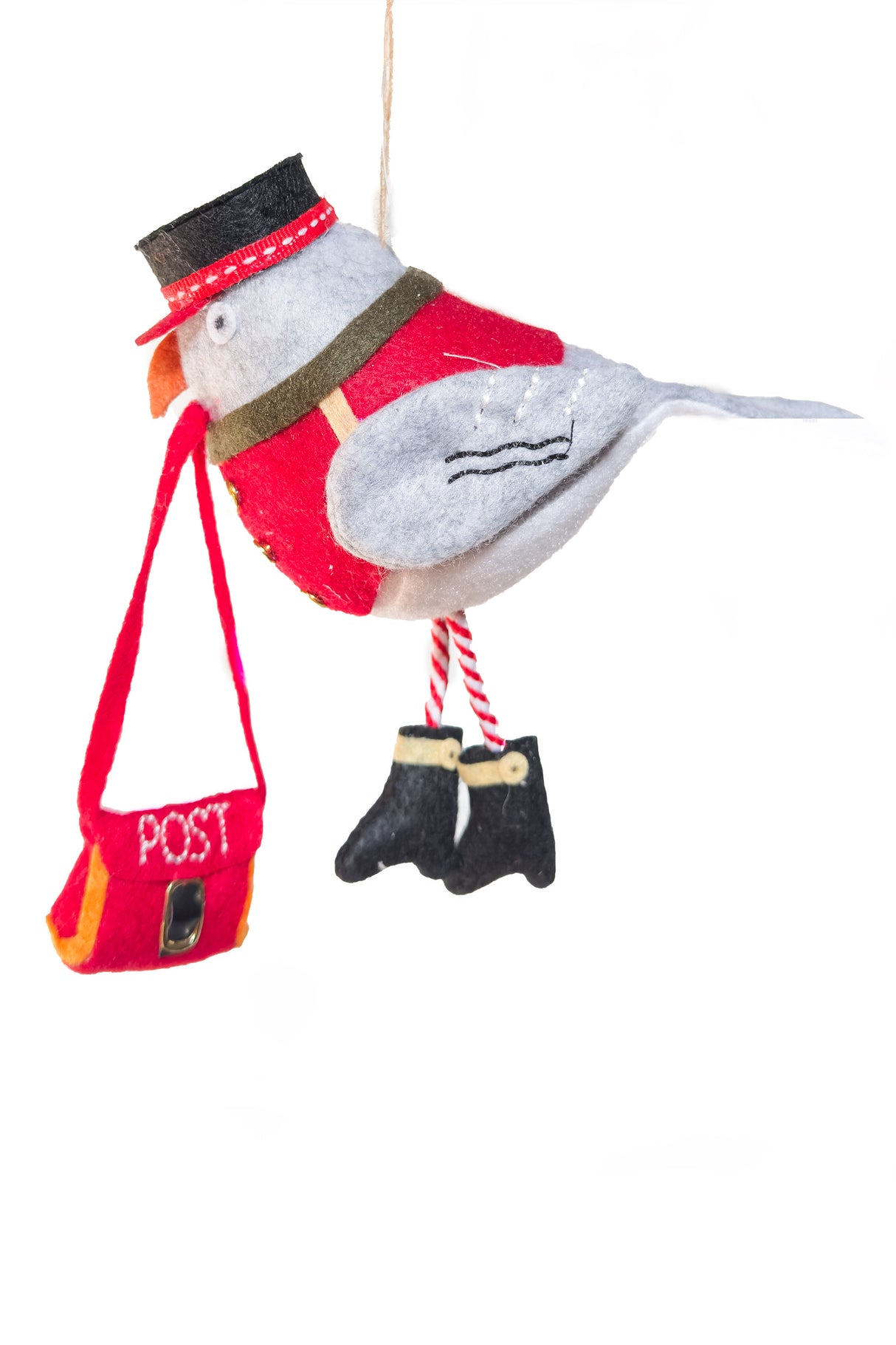 6" Hanging Gray and Red Cloth Postman Pigeon Ornament with Mailbag