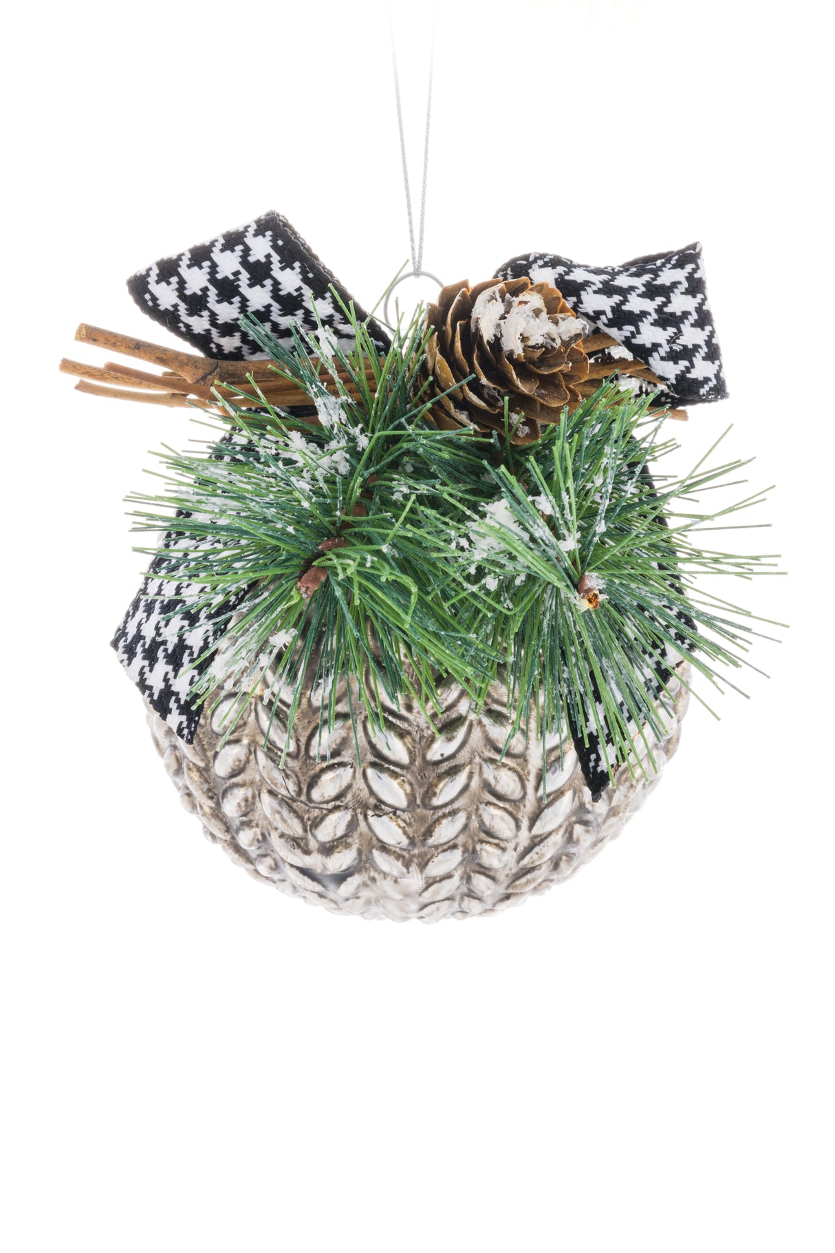 5" Hanging Silver Glass Armor Ball Ornament with Black Plaid Bowtie