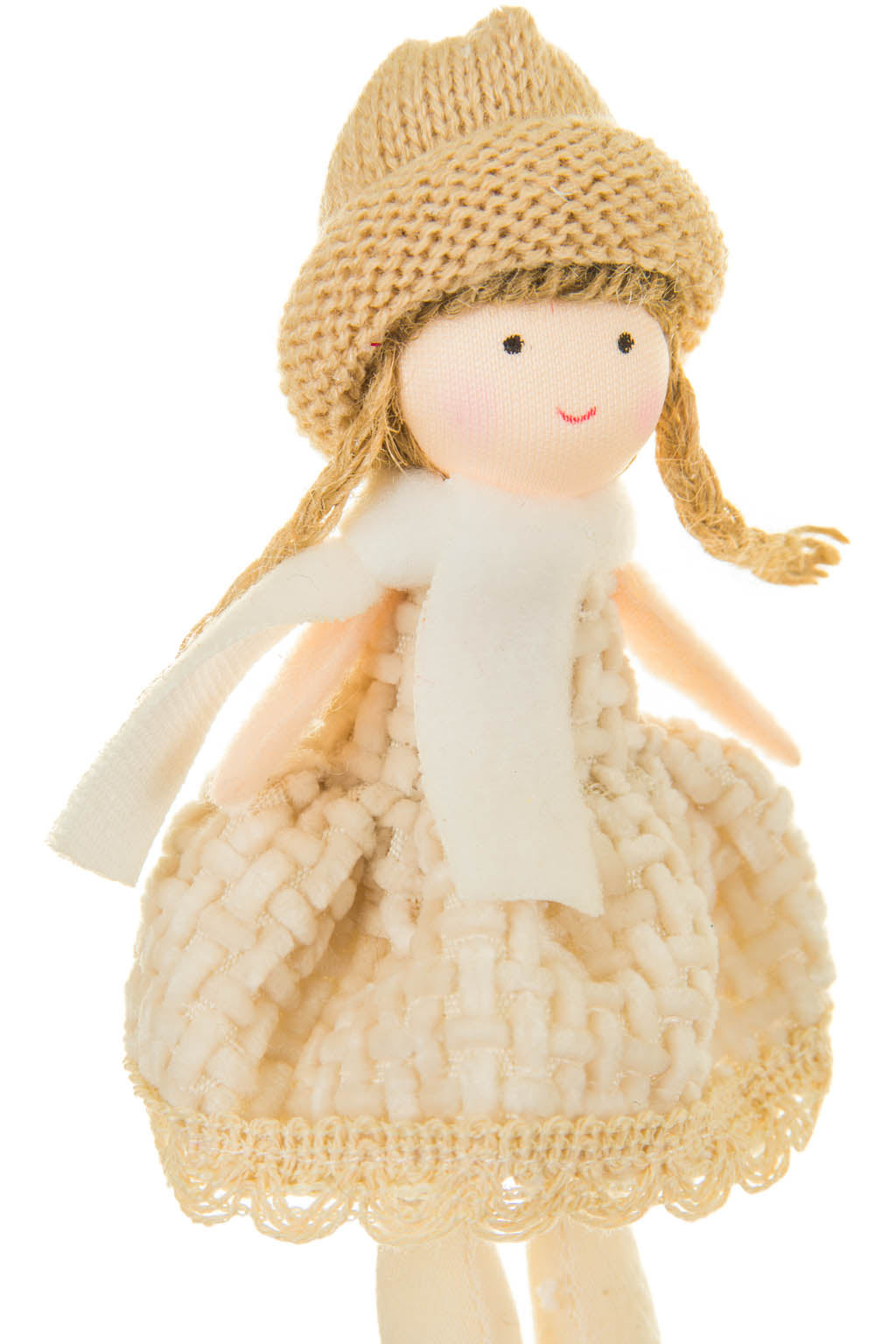 5.5" Hanging Beige and Brown Cloth Pigtail Girl Ornament with Dress
