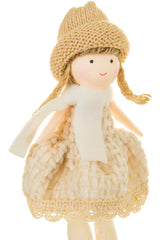 5.5" Hanging Beige and Brown Cloth Pigtail Girl Ornament with Dress
