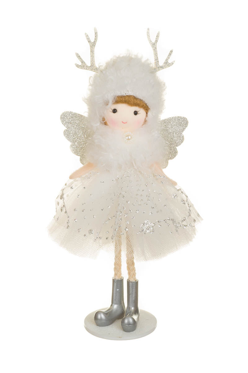 8" Hangable White and Silver Fabric Cherub Girl Doll with Reindeer Hat