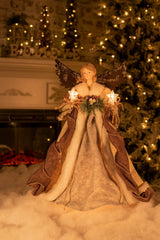 16" Taupe and Gray Rattan Modern 10-Light Angel Tree Topper with Holly Belt