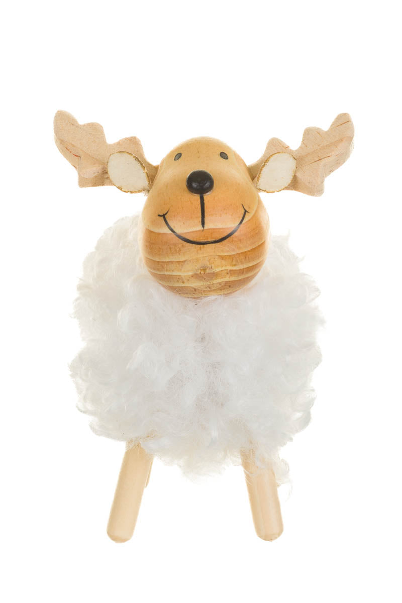 5" Small Fluffy White Wooden Reindeer Figurine