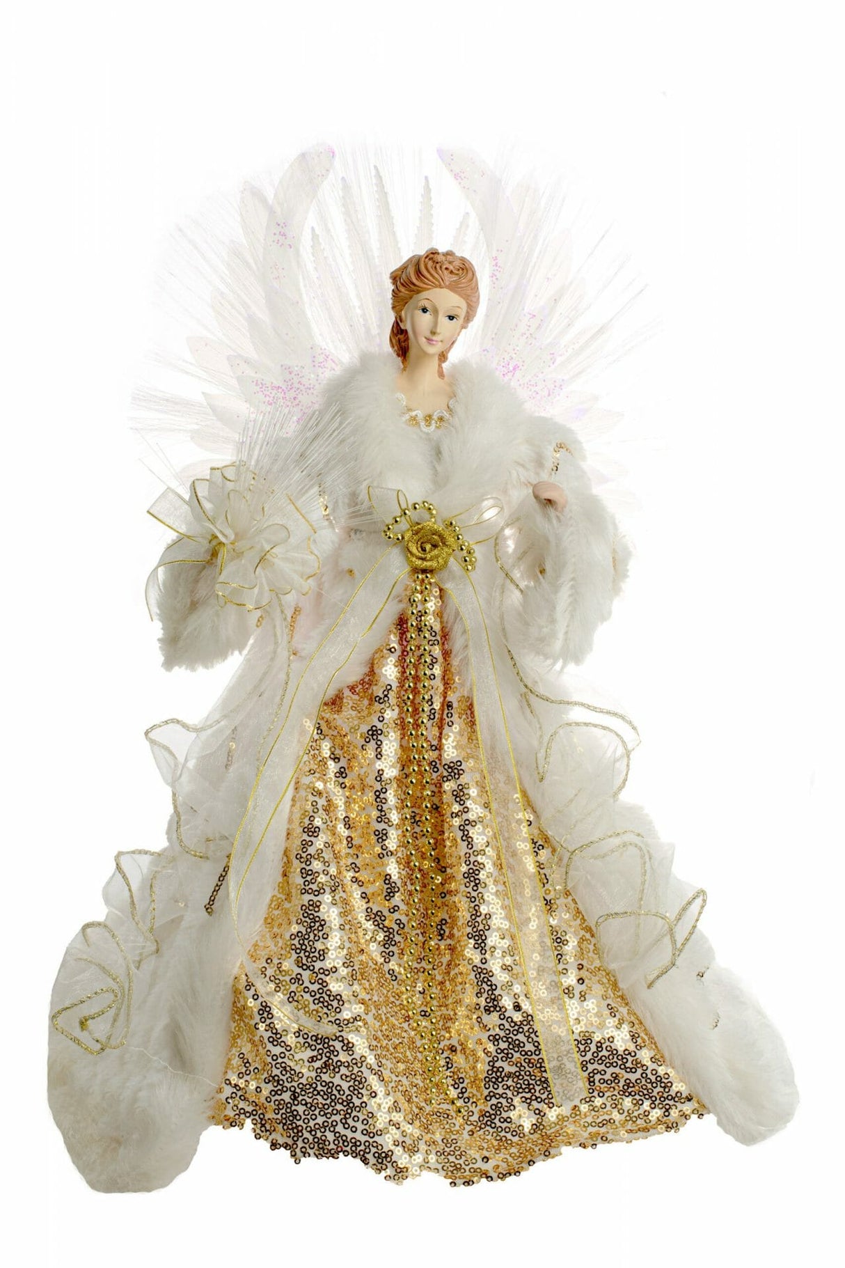 16" White and Gold Cloth Classic Fiber Optic Angel Tree Topper with Bouquet
