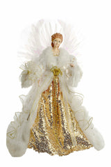 16" White and Gold Cloth Classic Fiber Optic Angel Tree Topper with Bouquet