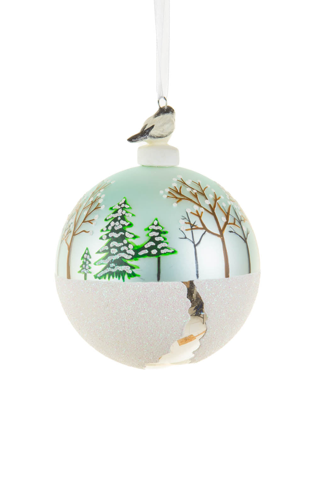 4.3" Hanging White and Light Blue Porcelain Ball Ornament with Snowy Field Design