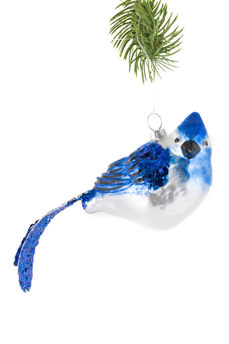 7" Hanging Silver Glass Blue Jay Ornament
