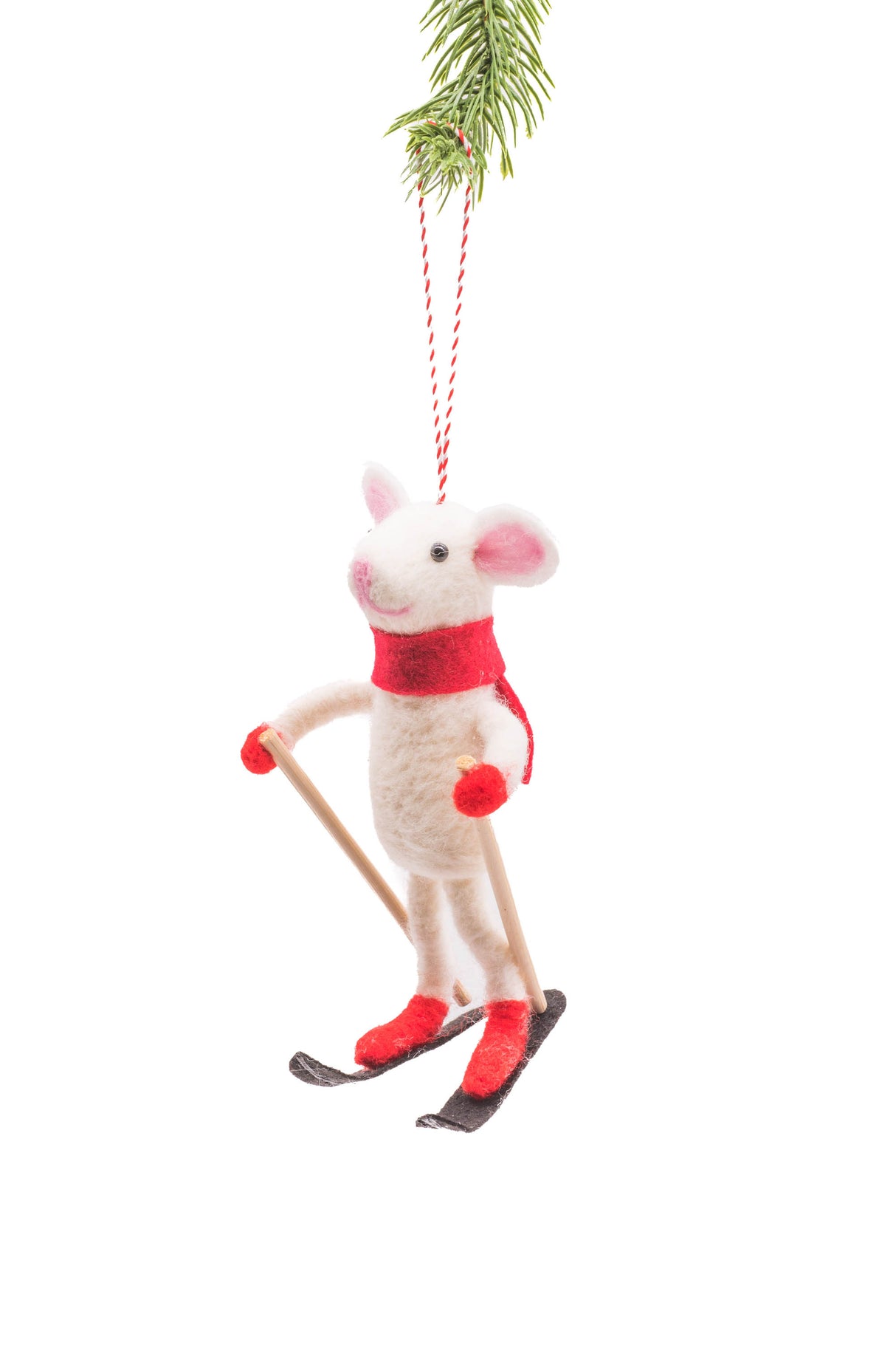 6" Hanging White Wool Skiing Mouse Ornament with Red Scarf
