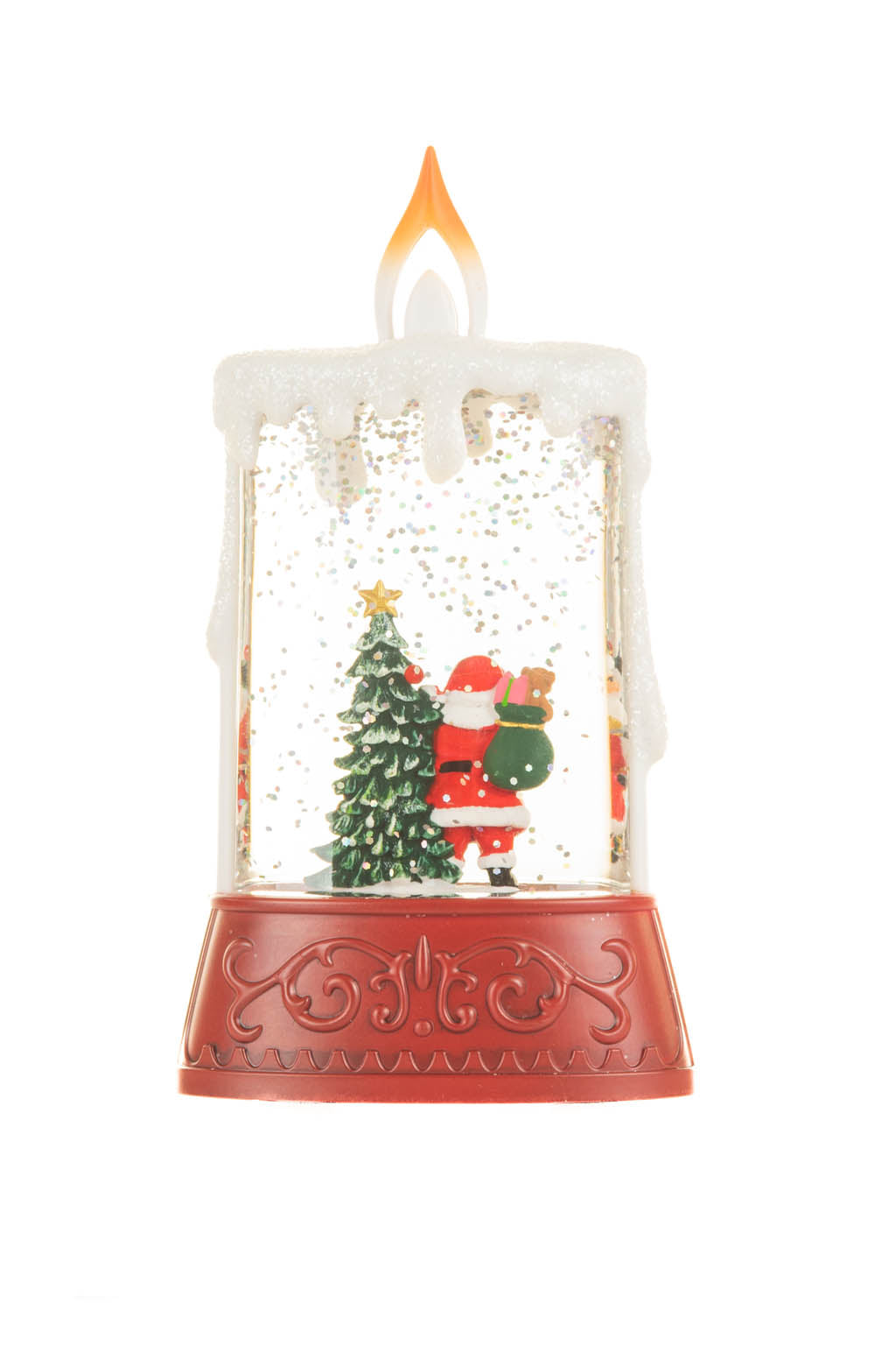 14.5" Red and White Plastic Candle Warm White LED Snow Globe with Santa