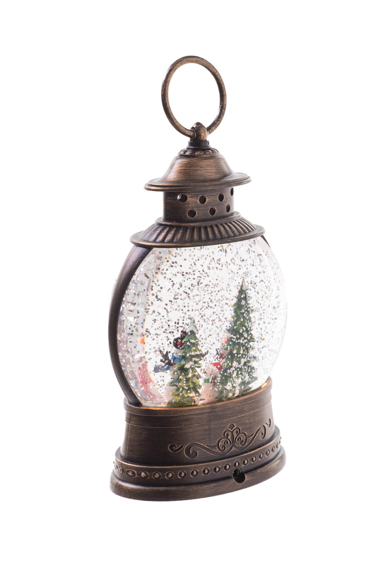 8" Oval Brown Plastic Lantern LED Snow Globe with Snowman-Scape