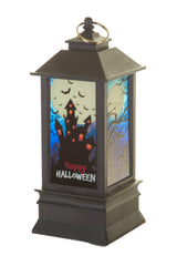 7.5" Hangable Black Plastic Spooky LED Lantern with Graveyard