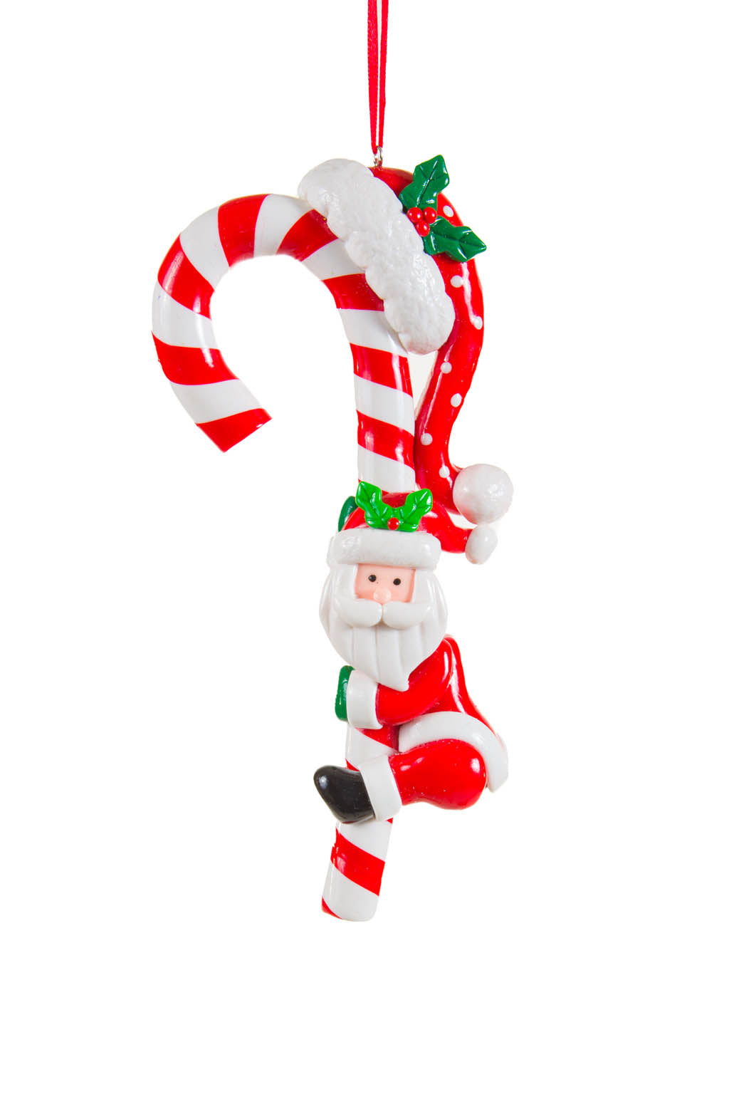 6.5" Hanging White and Red Clay Candycane Ornament with Santa Claus