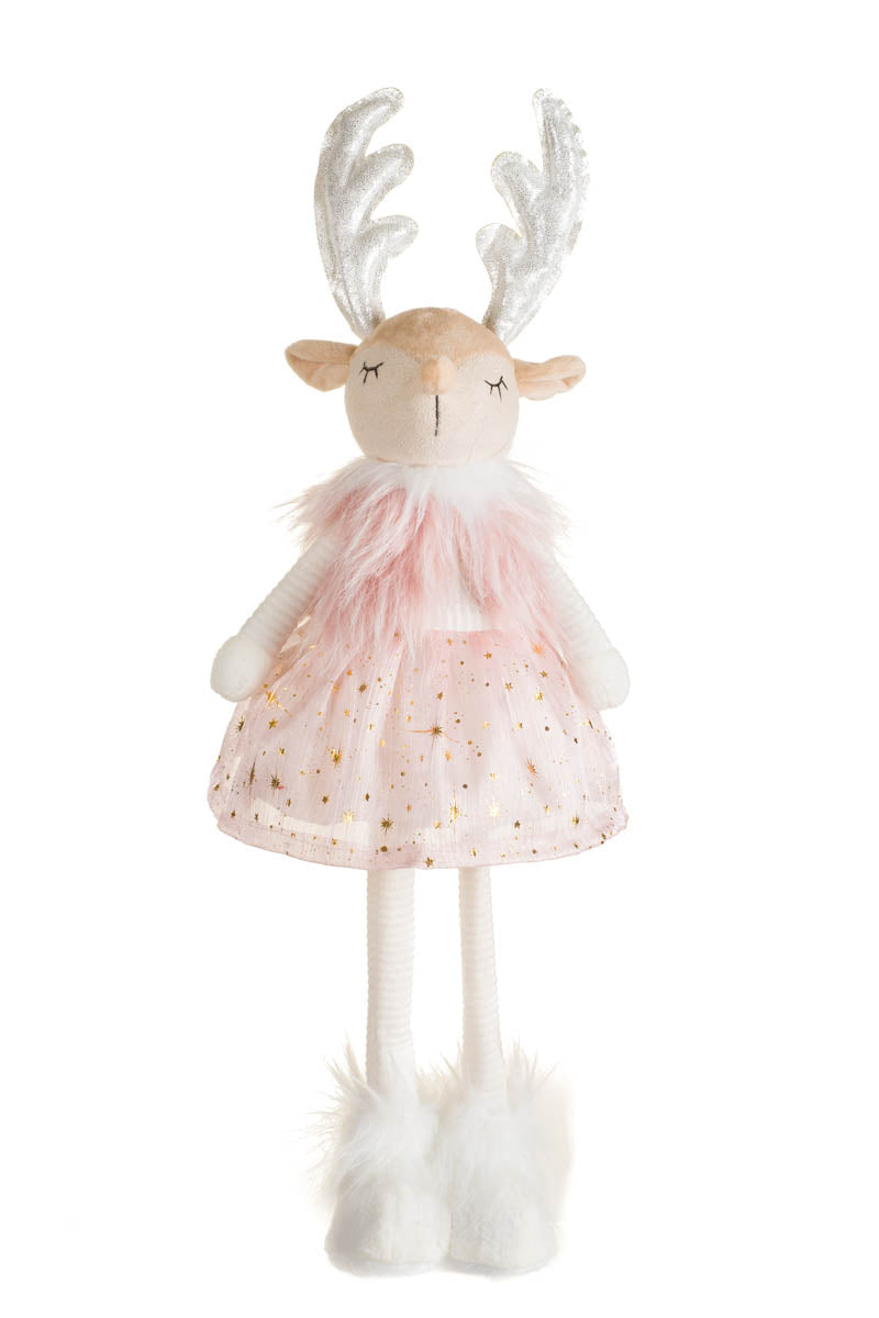 21" Pink Wool Deer Girl Warm White LED Figurine In Cute Starlight Dress