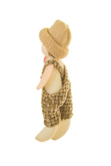 5.5" Hanging Brown and Tan Cloth Overalls Boy Ornament with Beanie