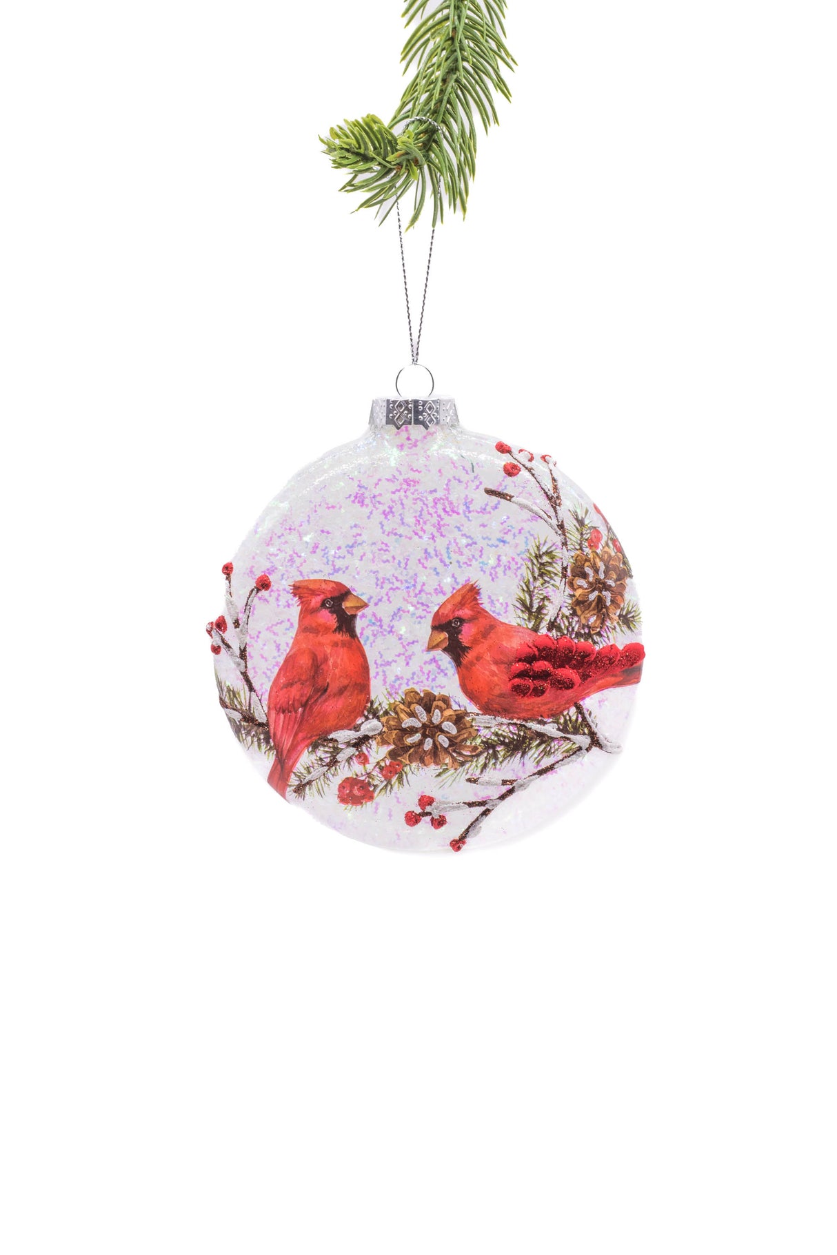 5.5" Hanging Clear and Turquoise Glass Puck Ornament with Cardinals