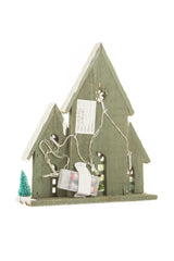 12" White and Dark Olive Wood Winter Cabin Warm White LED Display