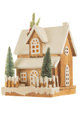 12" White and Light Brown Wood Snowy Cabin Warm White LED Display
