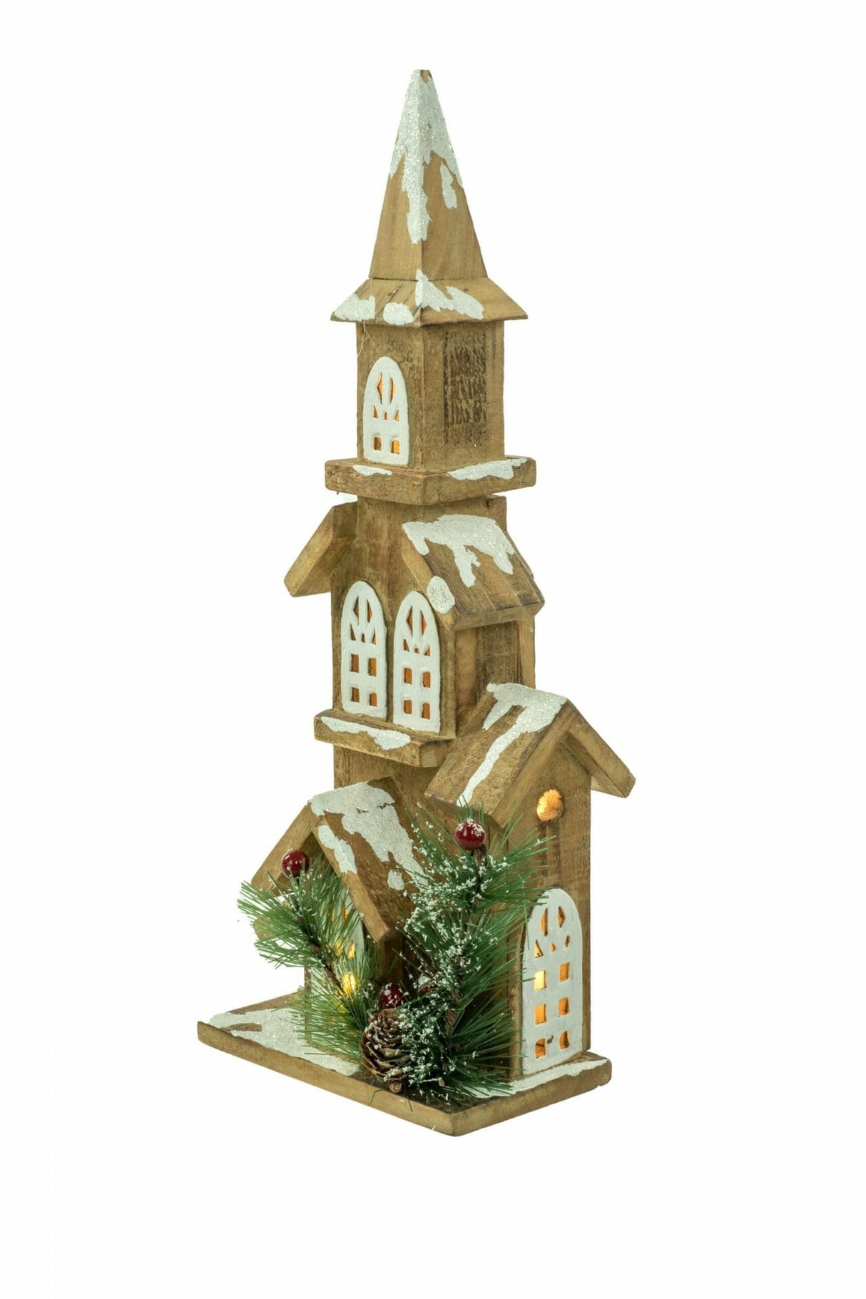 14" Cream Wood Snow-Covered Church Illuminated Display