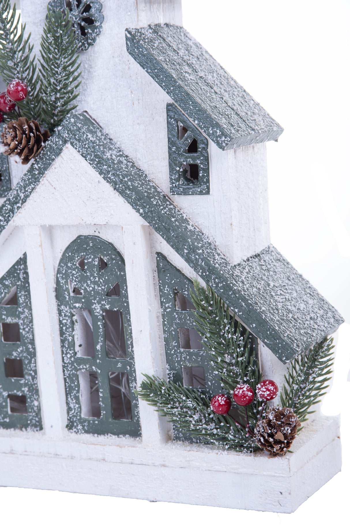 22" Geometric White and Green Wood Winter Church Warm White LED Display