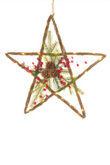 19.5" Hanging Umber and Green Wood Handwoven Warm White LED Christmas Star