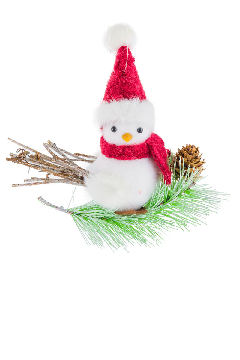 5.5" Hanging White and Red Fabric Perched Bird Ornament