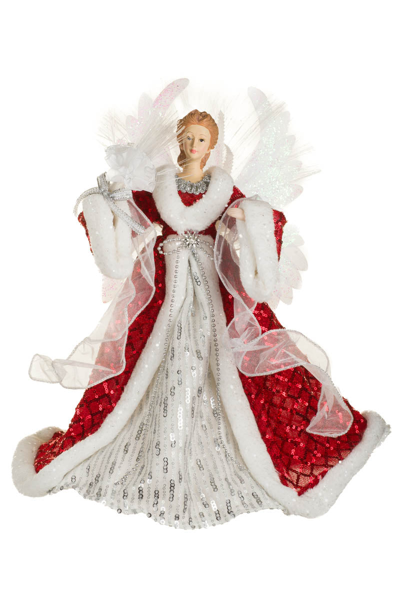 18" Sequin Red and Silver Fabric Fiber Optic Angel Tree Topper with Bouquet
