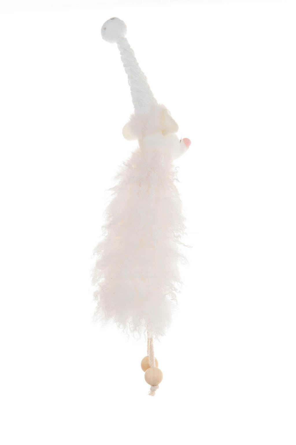 12" Hanging White Cotton Mouse Ornament with White Stocking Cap