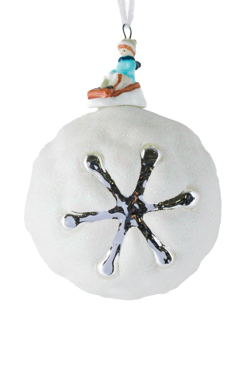 5"White Glass Snowball Bulb Ornament with Sledding Top