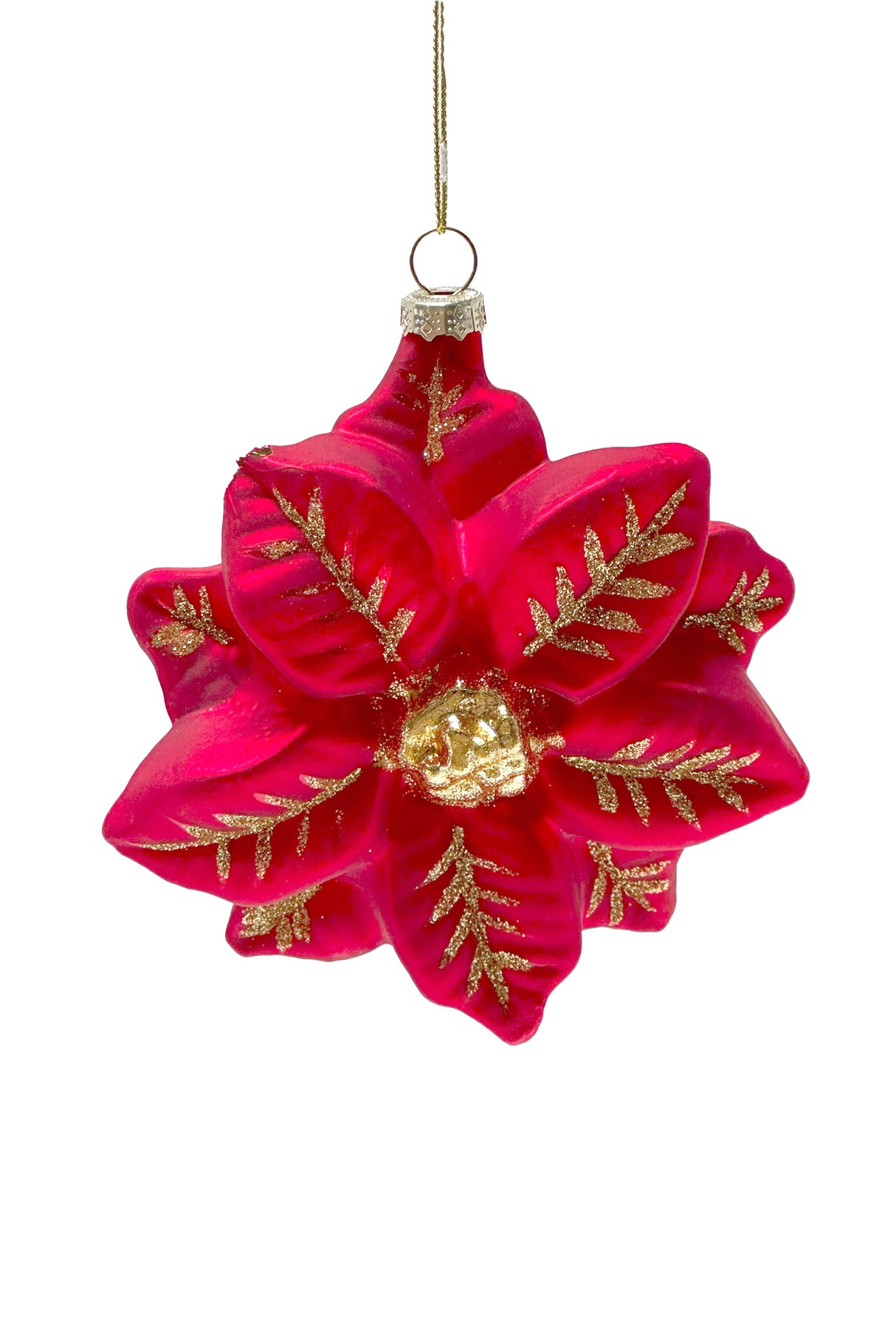 5" Hanging Red Glass Poinsettia Ornament with Gold Detailing