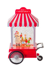 27" Candycane Red and White Plastic Santa's Workshop Cart Warm White LED Snow Globe with Toymakers