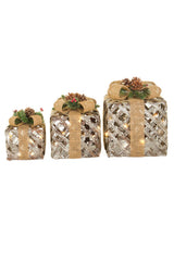 10" Set of 3 Gold & Ivory  Metal Gift Box Warm White LED Accents