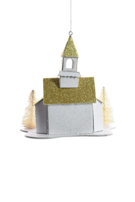 5" Hanging White Wooden Church LED Ornament with Gold Roof